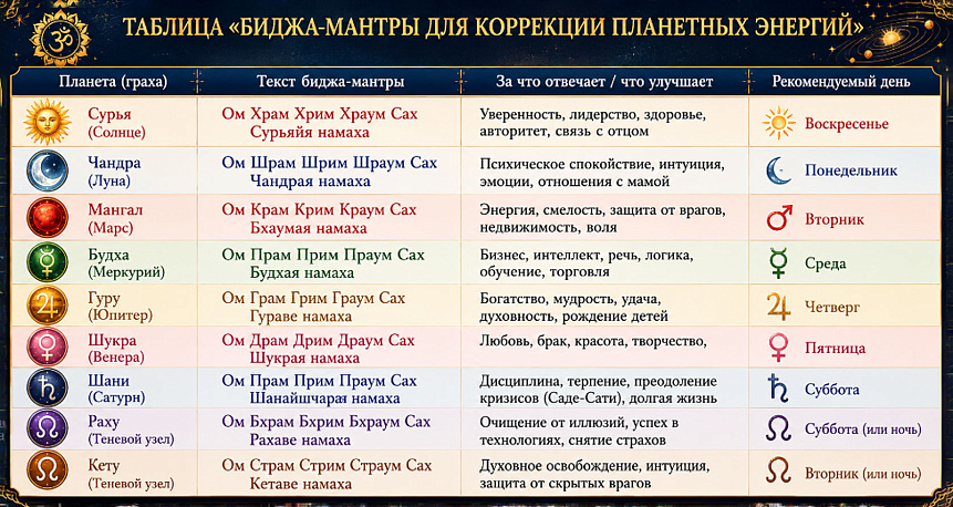 таблица биджа мантры